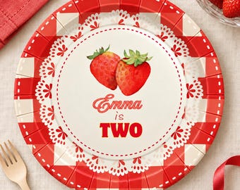 Personalized Strawberry Birthday Paper Plates, Custom Name and Age, Berry Sweet Party, Red Gingham Disposable Plates