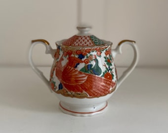 Vintage Japanese Arita Imari Peacock Porcelain Sugar Bowl - Fine China Tableware Cottagecore Decor
