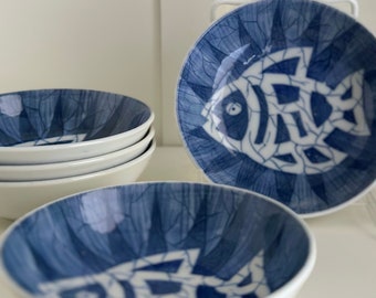 Set of Japanese Fish Bowls, Shallow Rice Bowls, Hand Painted Blue & White Porcelain