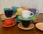 Vintage Fiesta Cups Saucers, Post 86 Colors Turquoise, Rose, White, Apricot, Chartreuse, Sea Mist,Periwinkle, Yellow Cobalt Blue and Black