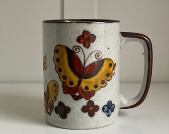 Otagiri The Elusive Butterfly Speckled Mug, Butterflies & Flowers, Vintage 70s Coffee Mug