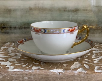 Vintage Limoges Porcelain Tea Cup and Saucer Set: Art Deco Geometric Floral Band