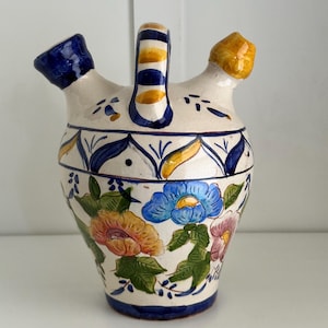 Vintage Portuguese Floral Botijo Jug - Hand-Painted Blue & Yellow Ceramic Folk Art from Alentejo