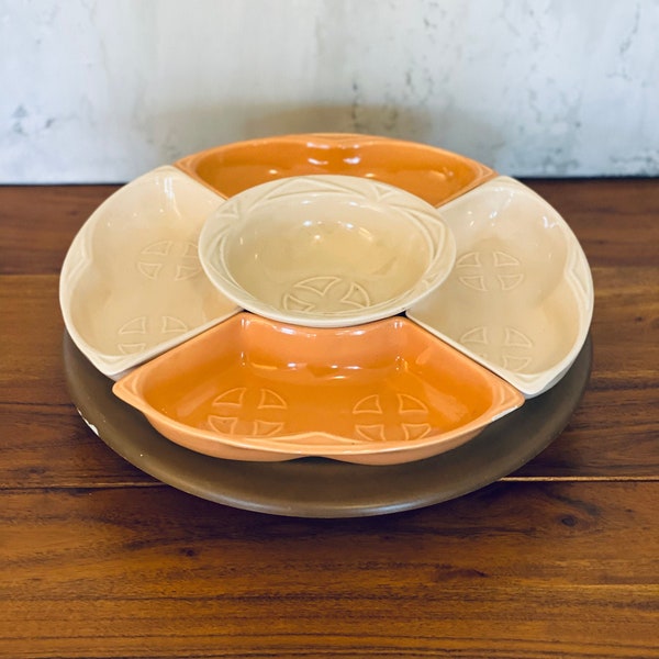 Mid Century Modern Maurice Calif Pottery Lazy Susan Peach and Bisque