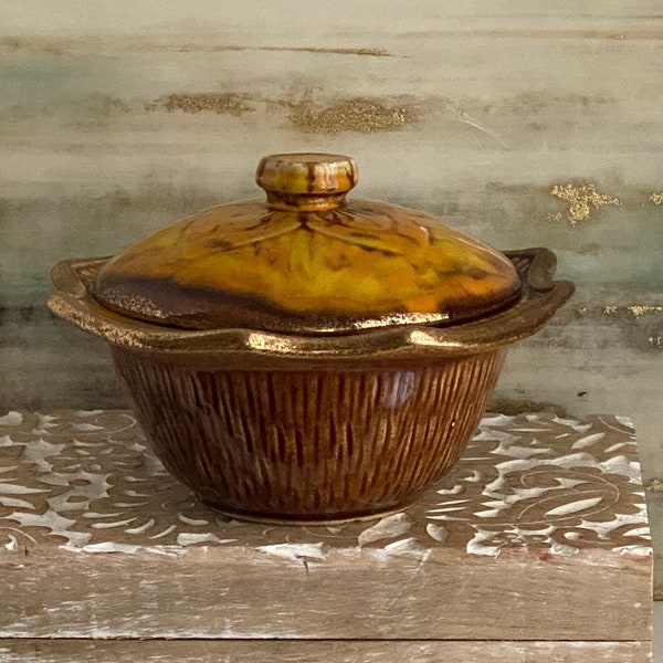 California Pottery Lidded Serving Bowl, USA Pottery, Harvest Gold Drip Glaze, Covered Casserole Dish