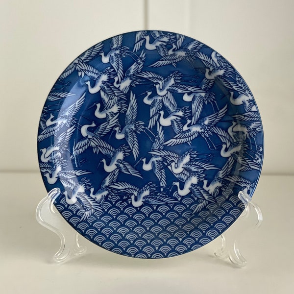 Oriental Porcelain Crane Salad Plate, Hand Painted Crane and Wave Pattern