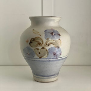 Handcrafted Blue Floral Studio Pottery Vase - Large Rustic Farmhouse Decor