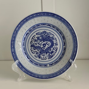 Vintage Jingdezhen Dragon Rice Grain Porcelain Salad Plate - Blue and White Dinnerware