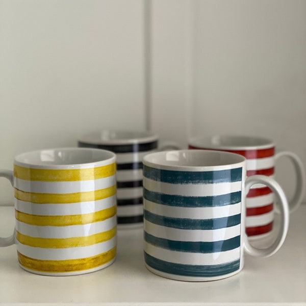 By the Sea Mugs by David Carter Brown for Sakura, Red, Yellow, Black and Green Nautical Stripes, Price is per Mug