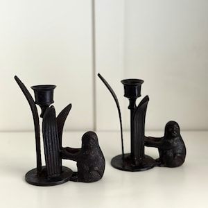 Vintage Bronze Tone Monkey Candlesticks - Cheeky Tropical Jungle Decor for Taper Candles