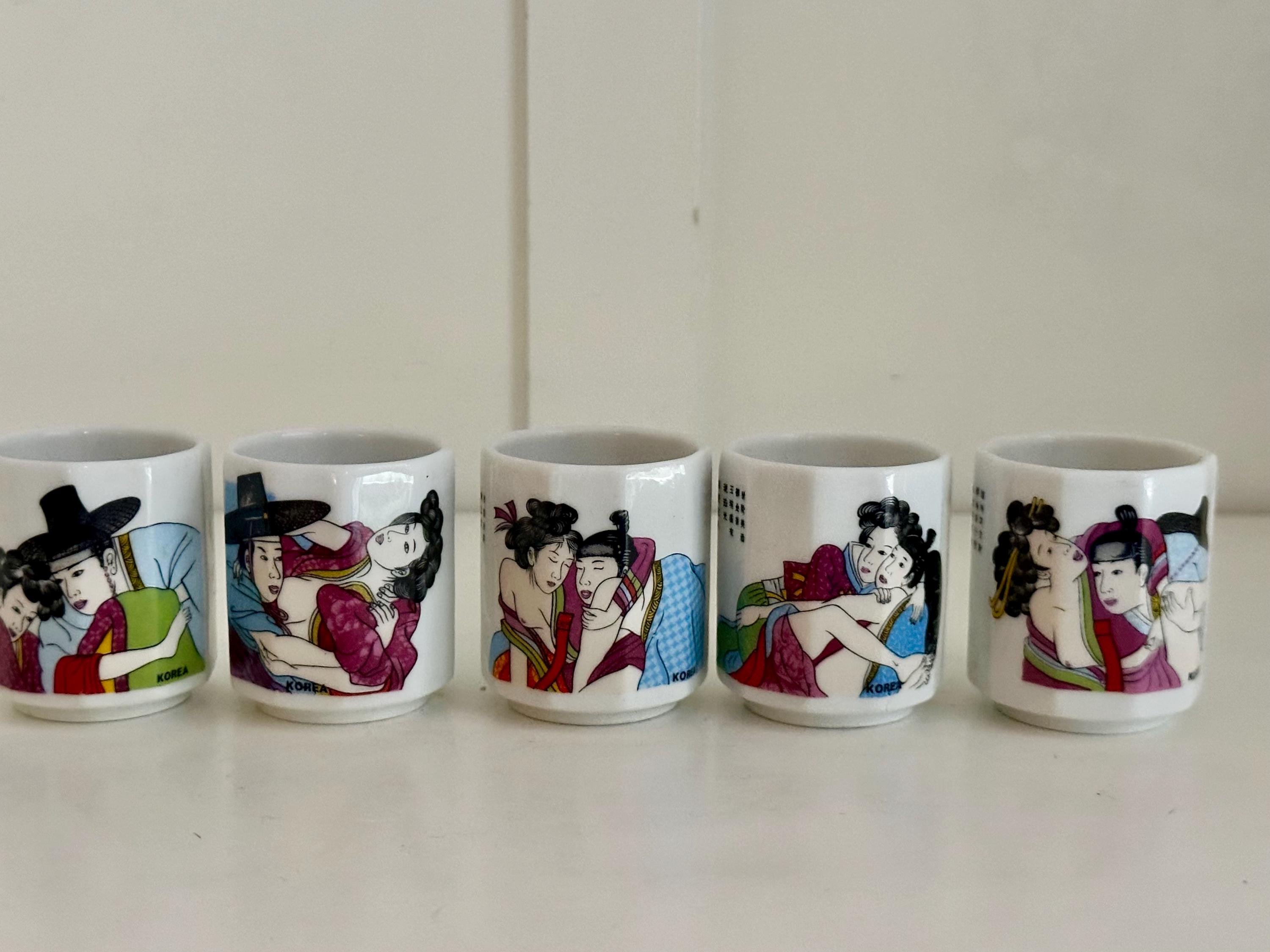 Vintage Korean Shunga Erotic Sake Cup Set: Unique Barware Gift for Adults, Asian Art Enthusiasts