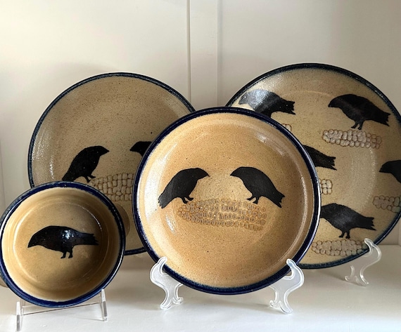 Vintage Monroe Salt Works Crow Dinner Plate - Handmade Artisan