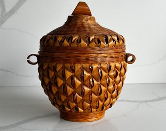 Mid-Century Bambus Rattan Eiskübel mit Emaille Liner, Tiki Barware