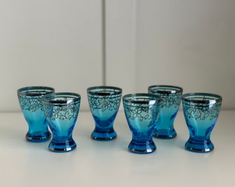 Set of 6 Teal Blue Bohemian Glass Cordials, Blown Glass with Silver Filigree Floral Pattern