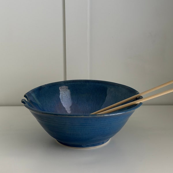 Large 7 1/2” Hand Thrown Reactive Glaze Ramen/Noodle Bowl, Blue Studio Pottery Bowl