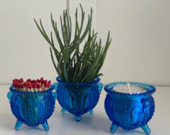 Vintage Degenhart blauwglazen zigeunerpot: tandenstokerhouder, miniplanter