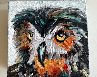 Original Owl Painting, Small Signed Miniature Canvas Art, Bird Wall Decor