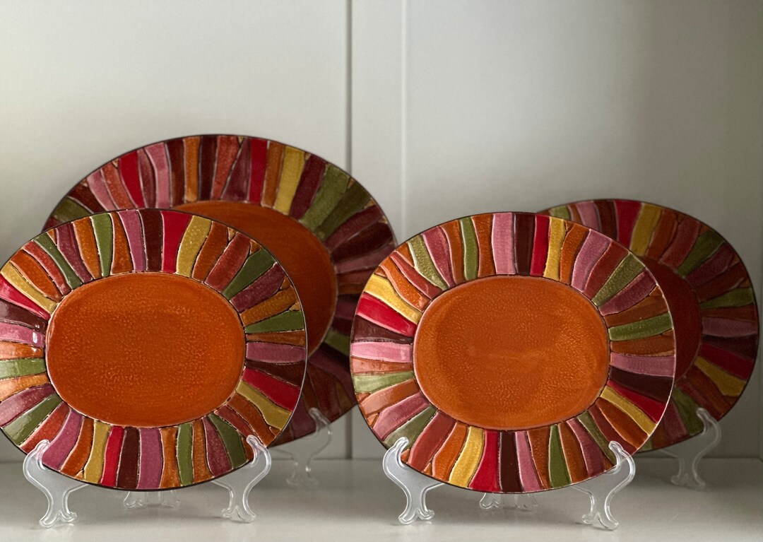 Pier 1 Wavy Stripes Oval Salad Plates or Dinner Plate, Hand Painted