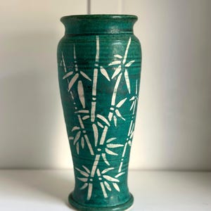 Vintage Green Studio Pottery Vase with Bamboo Design