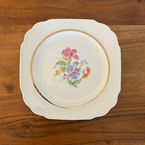 Vintage Harker Floral Ivory Gold Square Bread Plates - Early American Cottage Chic Dining