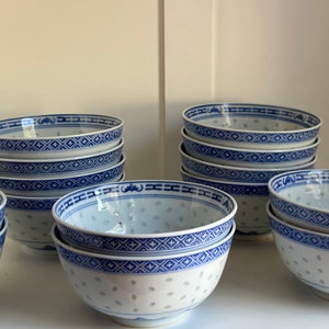 Jingdezhen Ware Rice Flower Porcelain Rice Bowls, Rice Grain Bowls, Blue Floral Pattern, Price is per Bowl