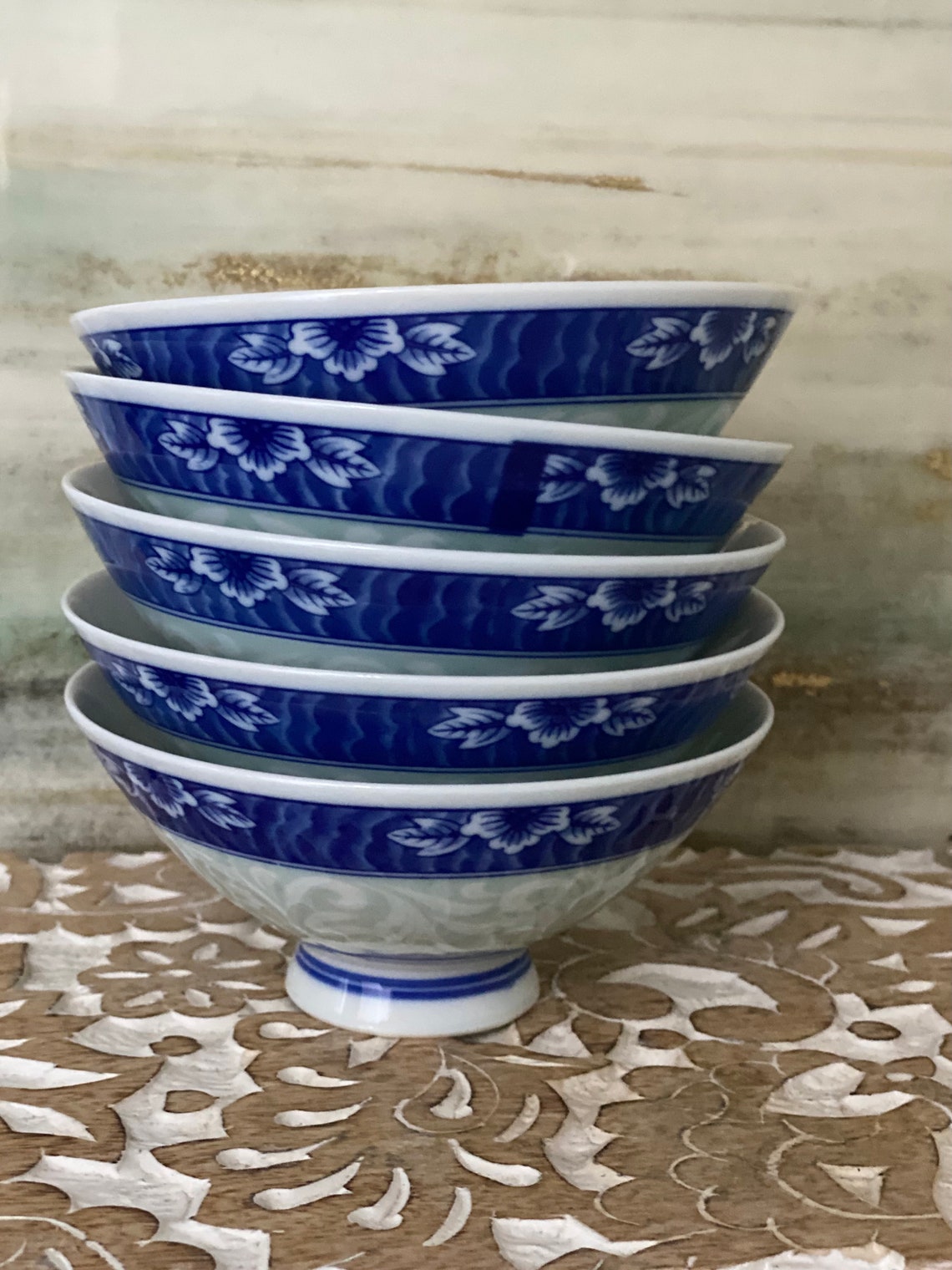 Set of Japanese Porcelain Rice Bowls Celadon Blue and White Etsy