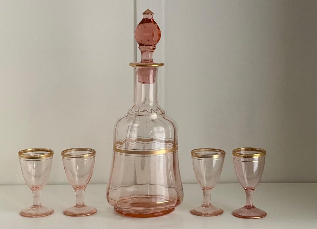 Pink Depression Glass Decanter Set With Matching Tray & Etsy