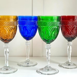 Vintage Cristal d&#39;Arques Jewel-Toned Water Goblets - Set of 4 French Crystal Glasses for Elegant Dining