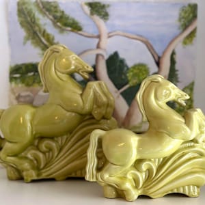 Vintage Stanford Pottery Chartreuse Horse Planters: Mid-Century Modern Equestrian Decor