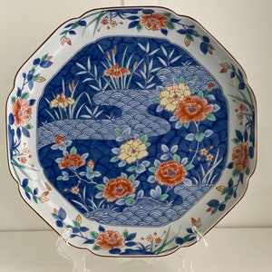 Vintage Hand-Painted Japanese Mino Ware Porcelain Platter - Large Floral Decorative Plate