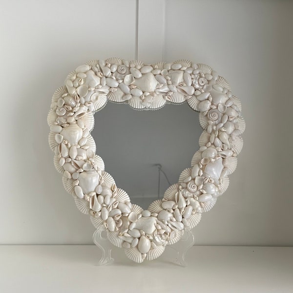 Heart Shaped Seashell Mirror, Hand Made White Cockle Shell Mirror, Coastal Decor