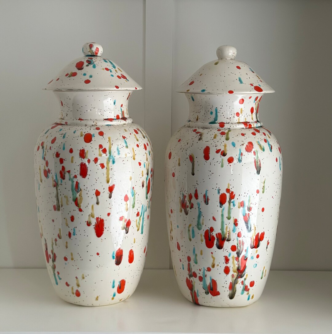 Splatter Pattern Pottery Large Mid-century Modern White Splatter Glazed Ginger Jars - Speckled ...