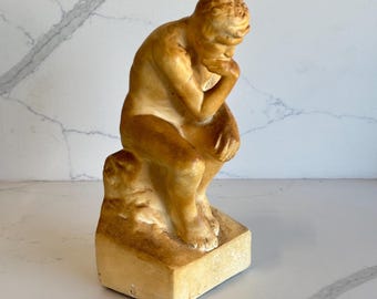 Vintage “The Thinker” Statue – Rodin Reproduction Chalkware, Classical Desk Décor