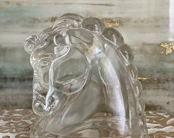 Tarros de caramelos vintage de vidrio federal con forma de cabeza de caballo: par de decoración ecuestre transparente, regalo moderno de mediados de siglo