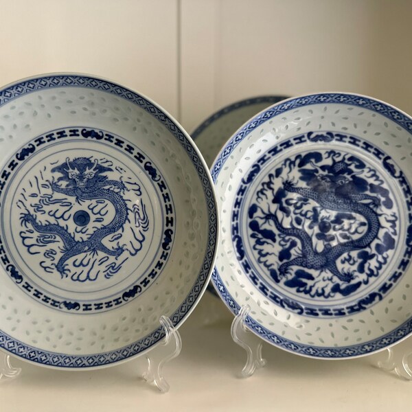 Wanyu Dragon Rice Grain Pattern 9 1/2” Plates/Shallow Bowls, Sold as a Set