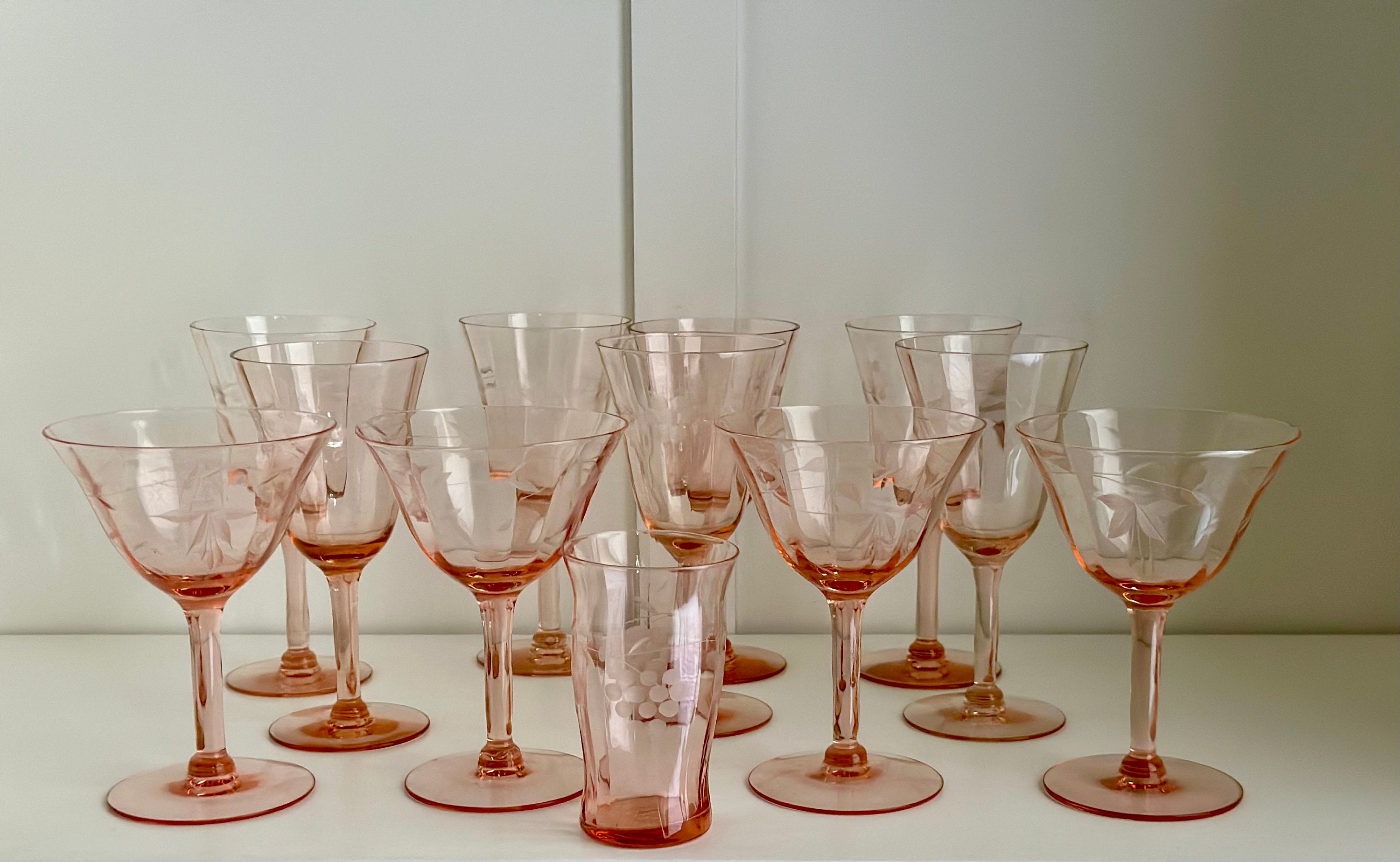 Blush Pink Vintage Wine Glasses Craft Cocktails crystal Set of 3