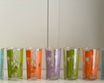 Vintage Bartlett Collins Tropical Tiki Palm Leaf Glasses - MCM Gold Rim, Striped Set of 2