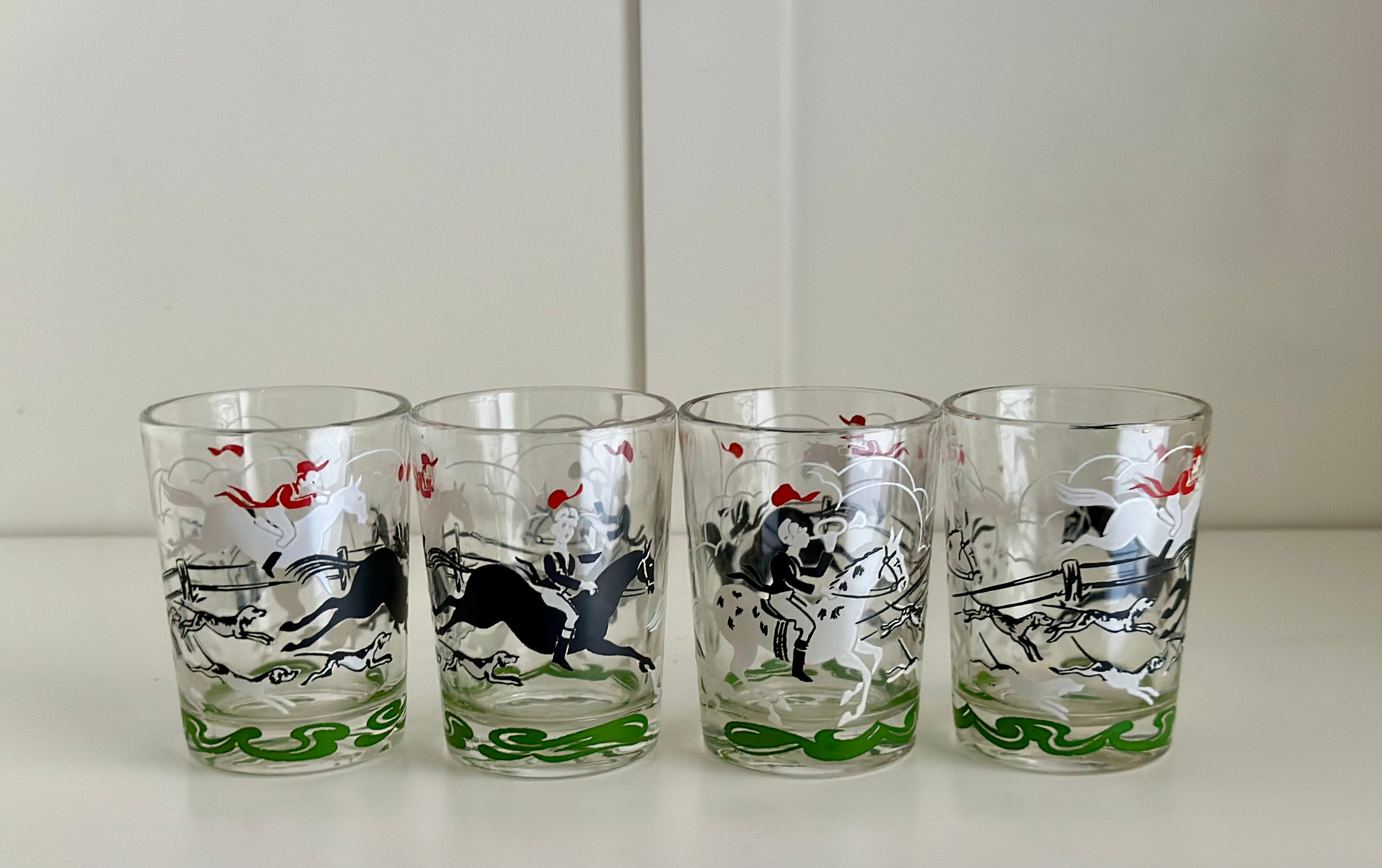Vintage Hazel Atlas Fox Hunt Cocktail Glass Set: Double Shot/juice
