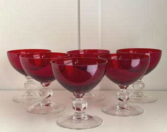 Vintage Cambridge Ruby Red Crystal Champagne Coupes: Elegant Sherbet Glasses Set for Celebrations