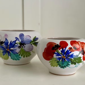 Può includere: Due ciotole in ceramica bianca con disegni floreali dipinti a mano. Una ciotola presenta fiori blu e viola, mentre l'altra mostra papaveri rossi e fiori blu. Le ciotole sono rotonde e hanno una finitura liscia.