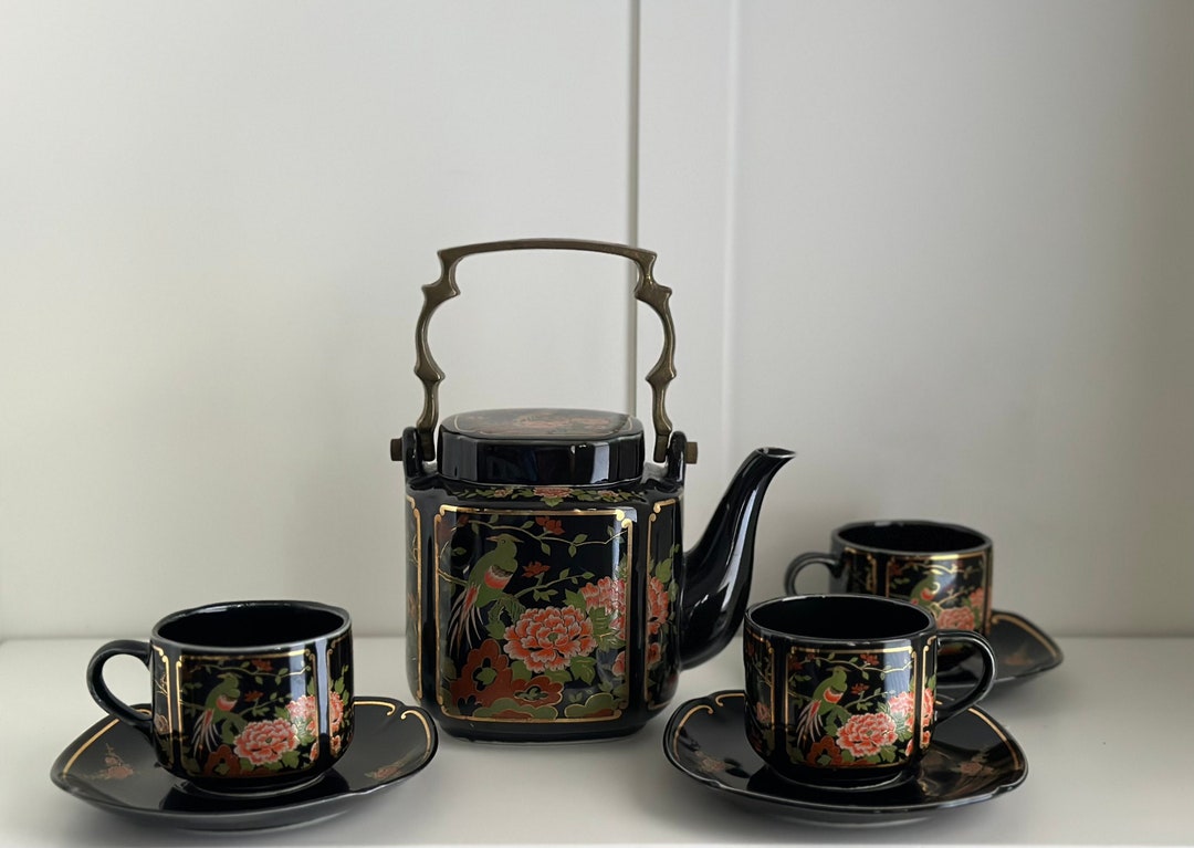 Black Japanese Tea Set With Brass Handle, Floral Pattern, Sold as a Set