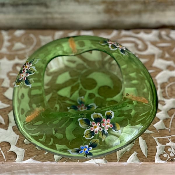 Czech Bohemian Art Glass Ashtray, Hand Blown Green Glass, Enameled Flowers, Gold Gilding