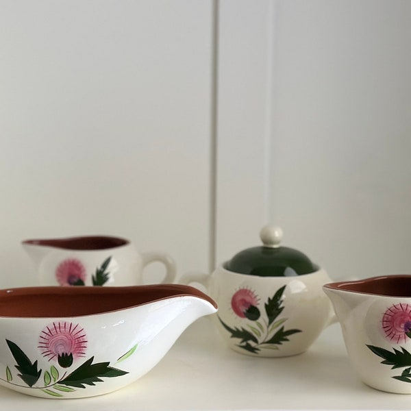 Vintage Stangl Pink Thistle Creamer, Sugar Bowl ou Gravy Boat - Talheres florais de meados do século