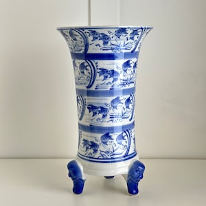 Vintage Chinoiserie Koi Fish Vase: Blue & White Porcelain Footed Vessel for Home or Office Decor
