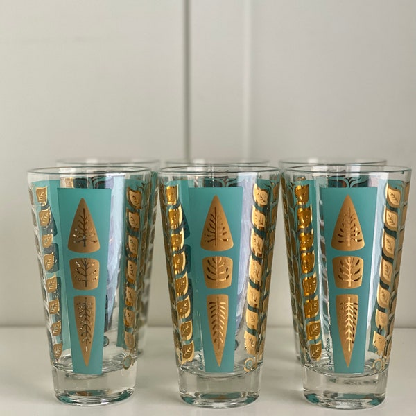 MCM Fred Press Turquoise & Gold Leaf Pattern Cocktail Glasses, Signed Mid Century Glasses, Sold as a Set of 6