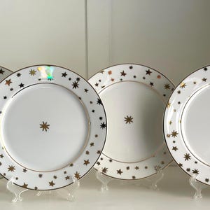 Vintage Sakura Galaxy White Salad Plates: Fine Porcelain with Gold Stars, Mid-Century Celestial Dinnerware