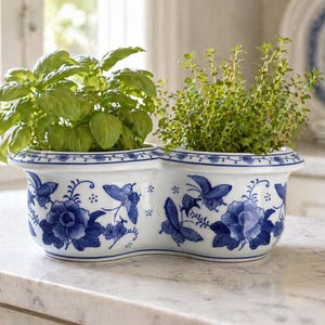 Vintage Blue White Double Planter, Chinoiserie Butterfly Floral Cachepot