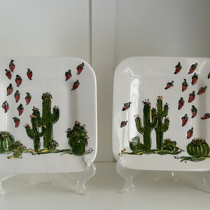Artisan Hand-Painted Square Cactus Plates: Signed Desert-Inspired Dinnerware by MMC Artist