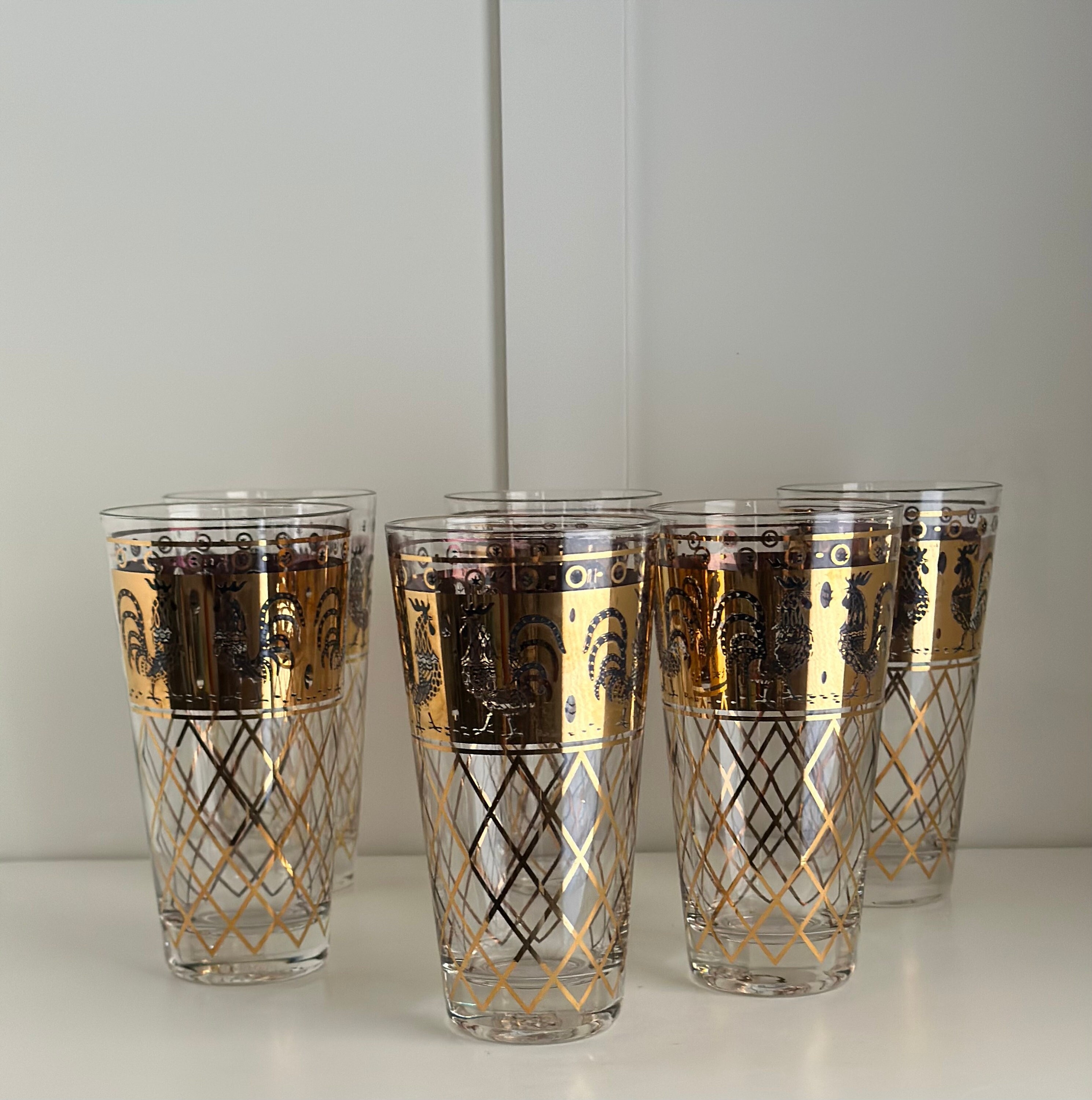 Vintage Mid-Century Modern Gold Rooster Highball Glasses Set - Retro Porter Barware for Cocktails