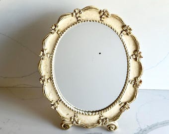 Vintage Chippy White Syroco Wood Vanity Mirror